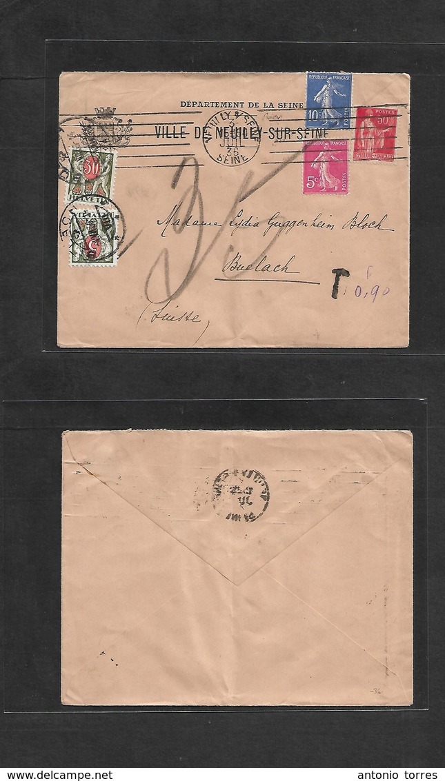 France - Xx. 1936 (3 July) Venilly - Switzerland, Buclach (4 July) Semeuse Multifkd Envelope + Taxed + Arrival Swiss Pos - Other & Unclassified