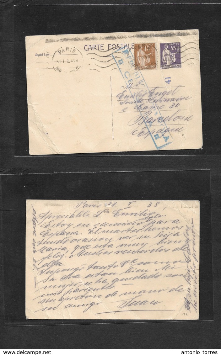 France-Stationery. 1938 (21 Jan) Paris - Spain, Barcelona. Peace & Commerce 55c Lila Stat Card + 45c Adtl, Rolling Cache - Other & Unclassified