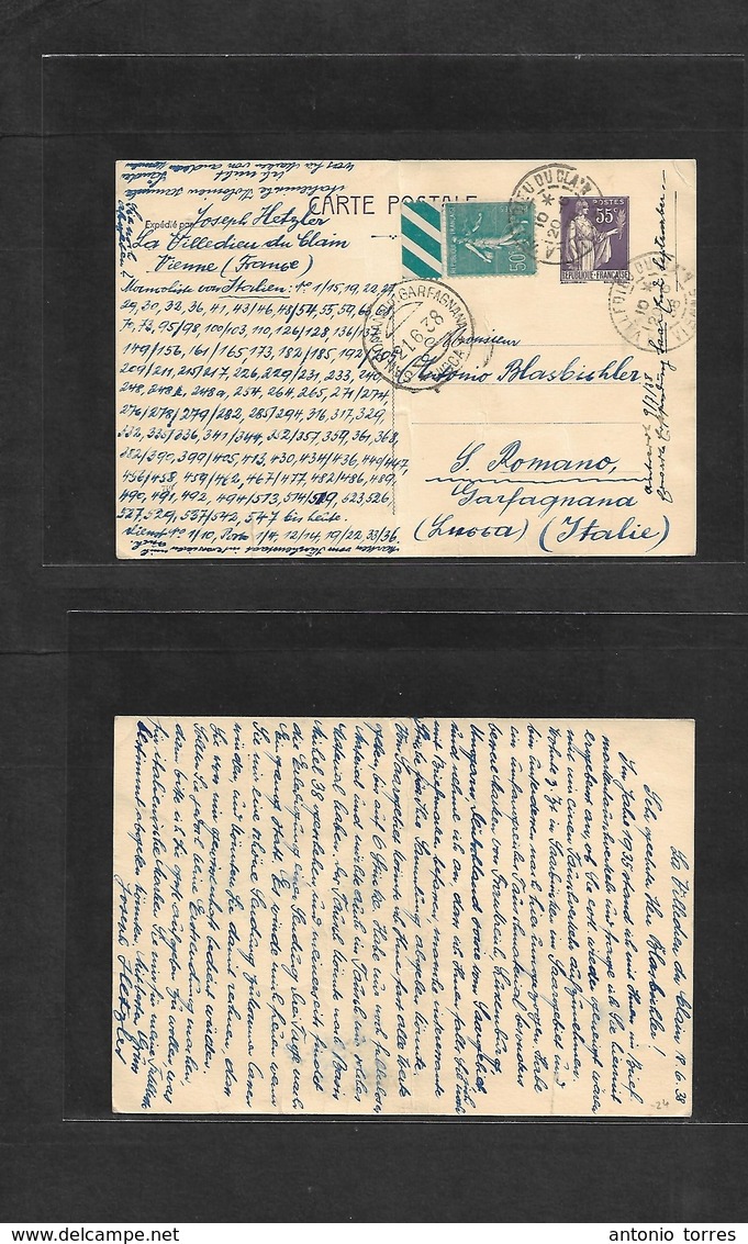 France - Stationary. 1938 (20 June) Villedien Du Clain - Italy, Lucca (21 June) 55c Violet Peace And Comerce Stat Card + - Andere & Zonder Classificatie