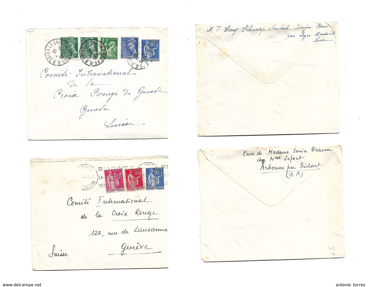 France. 1940. 90 Cts Blue Peace And Comerce Stationary Envelope + Adtl Franking. Two Usages To Switzerland. Fine And Sca - Otros & Sin Clasificación