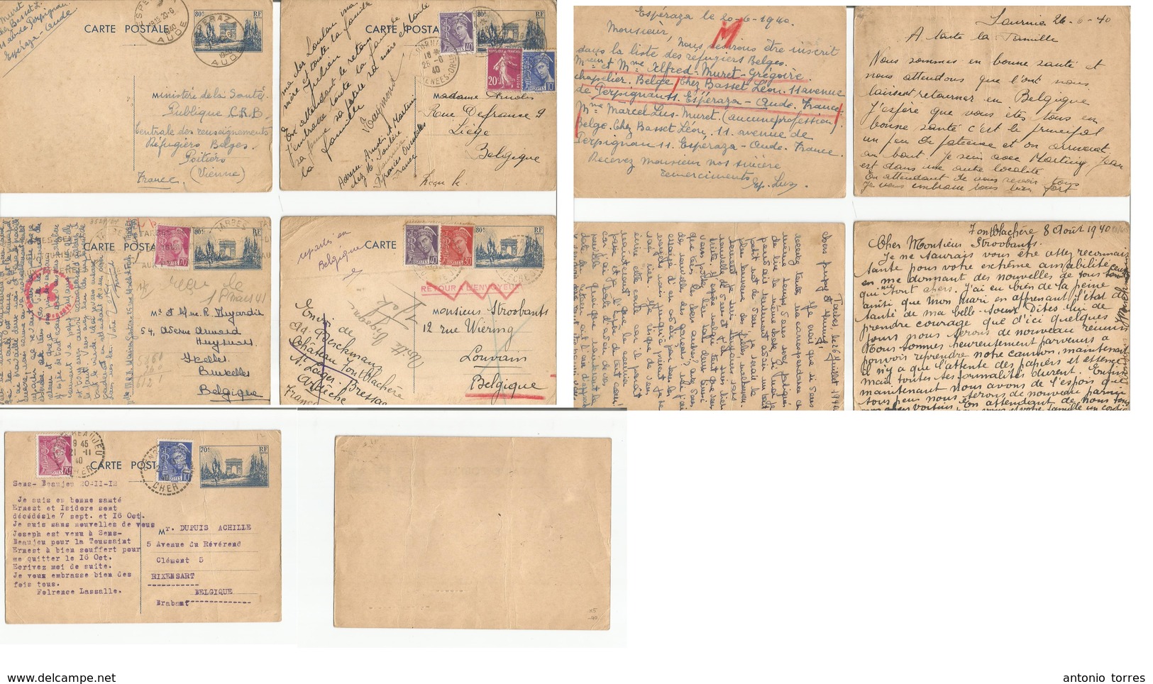 France - Stationary. 1940. Small Correspondence To Belgium, Five Arc De Triumph 80c Blue Stat Card + Adtls (x5), Incl Se - Autres & Non Classés
