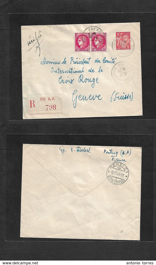 France - Stationary. 1941 (10 June) Paris - Switzerland, Geneve (12 June) Registered Multifkd 1fr Red Orange Stat Envelo - Autres & Non Classés