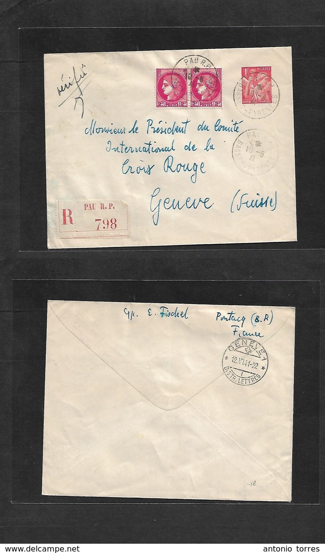 France - Stationary. 1941 (10 June) Paris - Switzerland, Geneve (12 June) Registered Multifkd 1fr Red Orange Stat Envelo - Andere & Zonder Classificatie