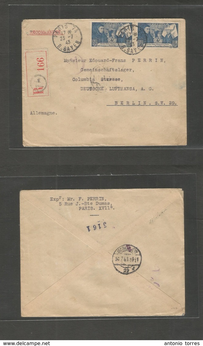 France - Xx. 1943 (2 July) Nazi Occup. Paris - Berlin, Germany (30 July) Registered Multifkd Envelope. Censored + Scarce - Other & Unclassified