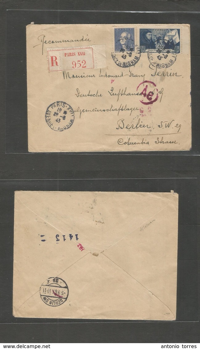France - Xx. 1943 (28 Aug) Paris - Berlin, Germany (5 Sept) Registered Multifkd Env. Scarce Mail Period 4 Fr Routing - S - Otros & Sin Clasificación