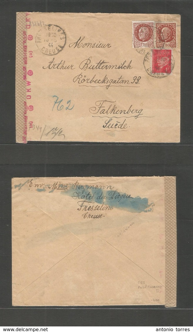 France - Xx. 1944 (10 May) PETAIN Postal FORGERY. Fresseline -  Falkenberg, Sweden. Multifkd Envelope, Incl Petain 1fr 5 - Otros & Sin Clasificación