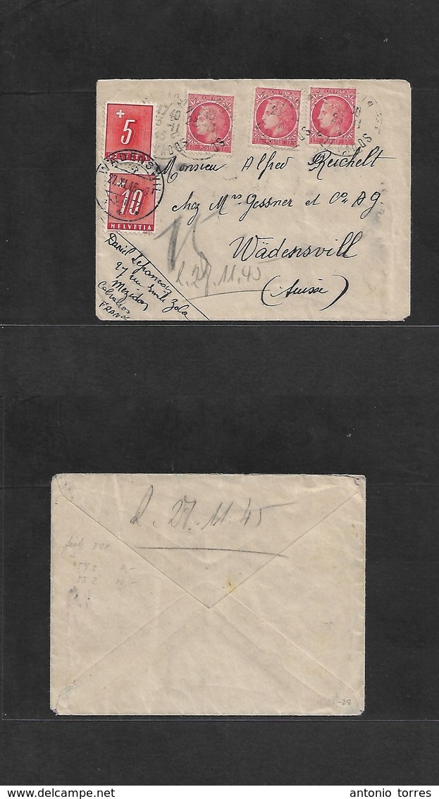 France - Xx. 1945 (23 Nov) Calvados - Switzerland, Wadenswill (27 Nov) Multifkd Env + Taxed + Arrival Swiss P. Dues Tied - Other & Unclassified