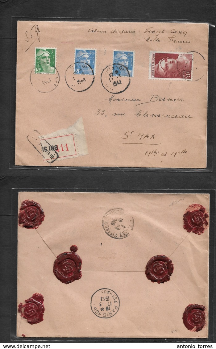 France - Xx. 1948 (17 March) Paris - St. May (18 March) Registered Insured (25,000 Francs) Multifkd Envelope Incl Top Va - Autres & Non Classés