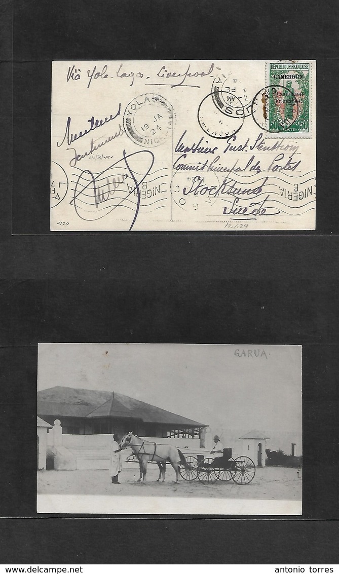 Frc - Cameroun. 1924 (12 Jan) Garrona - Sweden, Stocksund. Via Yola - Lagos - Liverpool. Fkd Ppc. Nigeria Transited. Fin - Andere & Zonder Classificatie