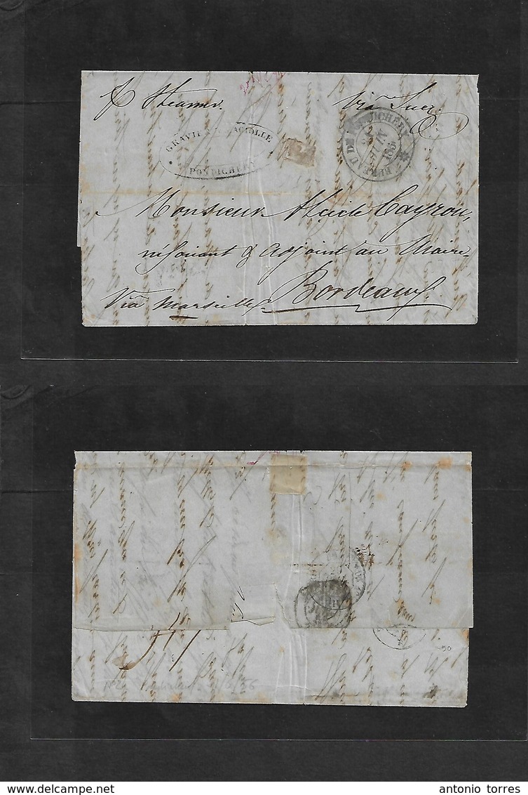 Frc - India. 1856 (21 June) Pondichery - France, Bordeaux (28-29 July) Stampless EL Depart Blue-grey Cds. Via Suez. - Autres & Non Classés