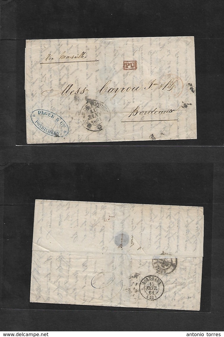 Frc - India. 1861 (11 Jan) Pondichery - France, Bordeaux (12 Feb) Stampless EL Depart Black Cds, Red PO, Via Marseille ( - Autres & Non Classés