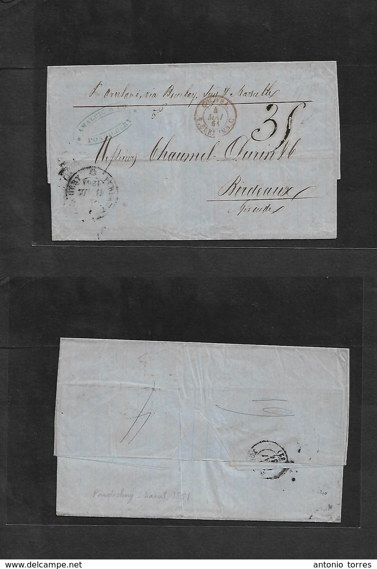 Frc - India. 1861 (3 Apr) Pondichery - France, Bordeaux (4-5 May) Stampless EL Depart Black Cds + "35" Mns  Carried Via  - Autres & Non Classés