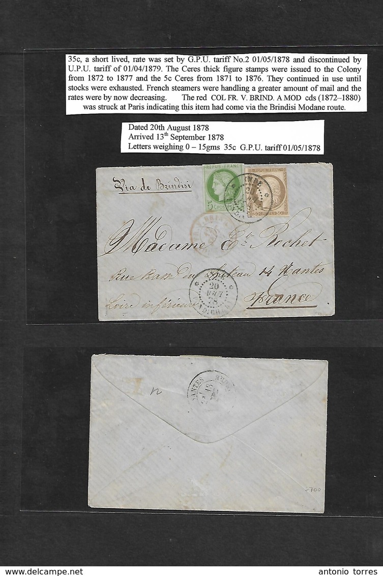 Frc - India. 1878 (20 Aug) Pondichery - France, Nantes (13 Sept) Via Brindisi. French Postal System. Fkd Env 5c Green +  - Andere & Zonder Classificatie