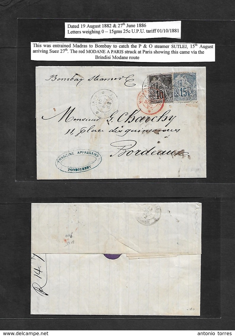 Frc - India. 1882 (19 Aug) Pondichery - France, Bordeaux (14 Sept) EL Full Text Fkd 10c + 15c, Via Bombay Steamer, Tied  - Autres & Non Classés