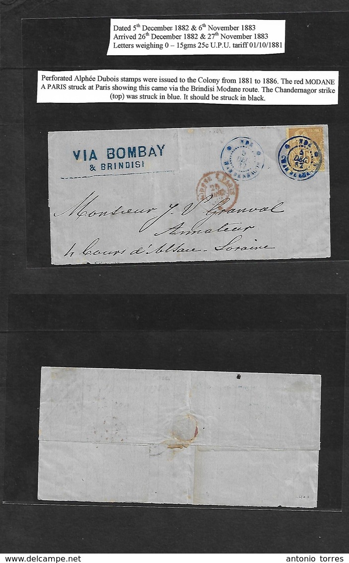 FRC - India. 1882 (5 Dec) Chandenagar - France, Alsace, Lorraine Via Bombay - Brindisi. Fkd E 25c Bister / Yellow, Blue  - Other & Unclassified
