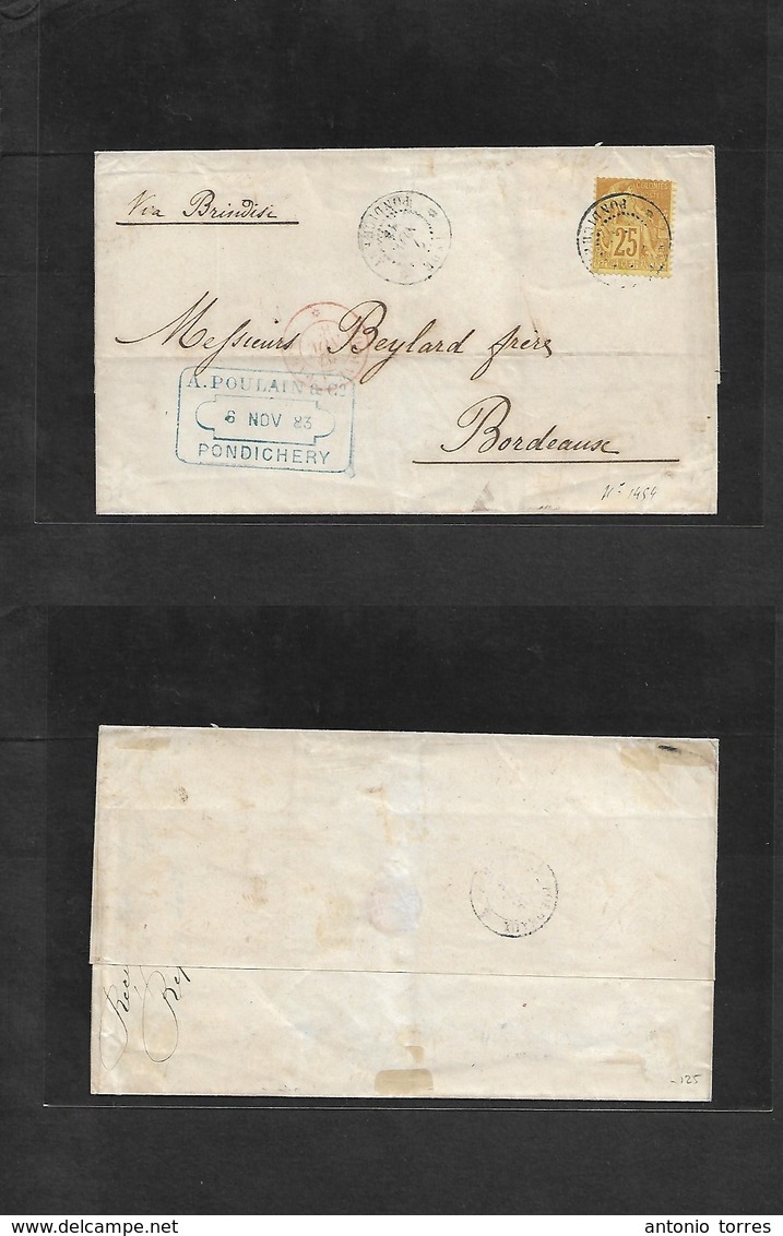 Frc - India. 1883 (6-7 Nov) Pondichery - Bordeaux, France. EL Fkd 25c Bister/yellow, Tied Cds, Red Modena Cds. Via Brind - Other & Unclassified