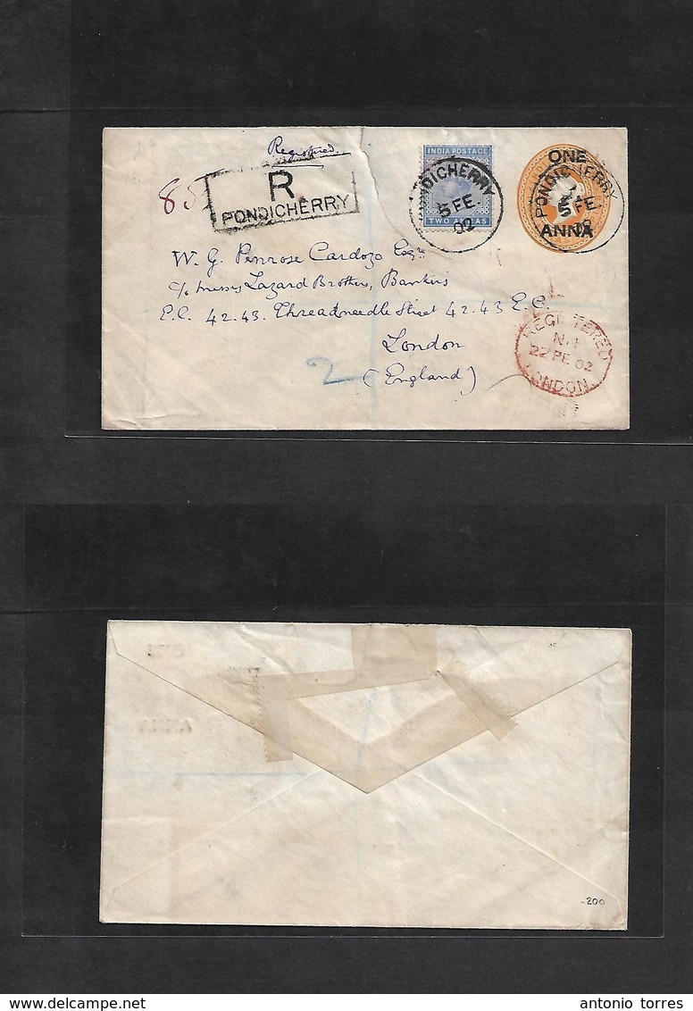 Frc - India. 1902 (5 Feb) French India. Pondichery - London, UK (22 Feb) Registered Multifkd 1anna Ovptd Stat Env + Adtl - Other & Unclassified