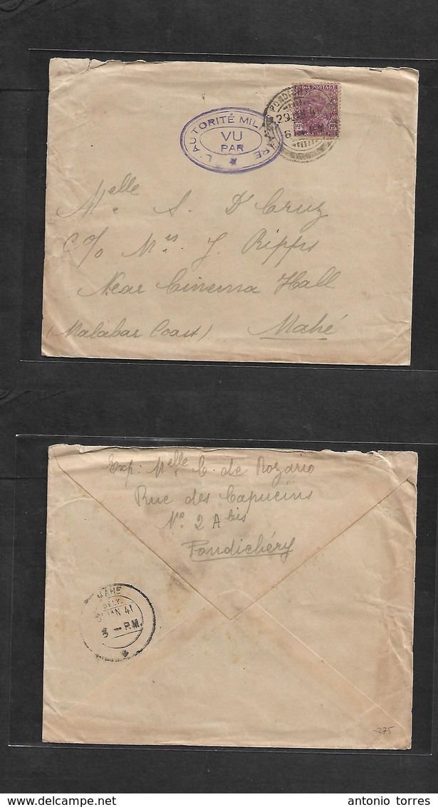 Frc - India. 1941 (29 Jan) British India P.O. Pondichery - Mahe. Malabar Coast. Fkd + WWII Censored Cover, French Censor - Other & Unclassified