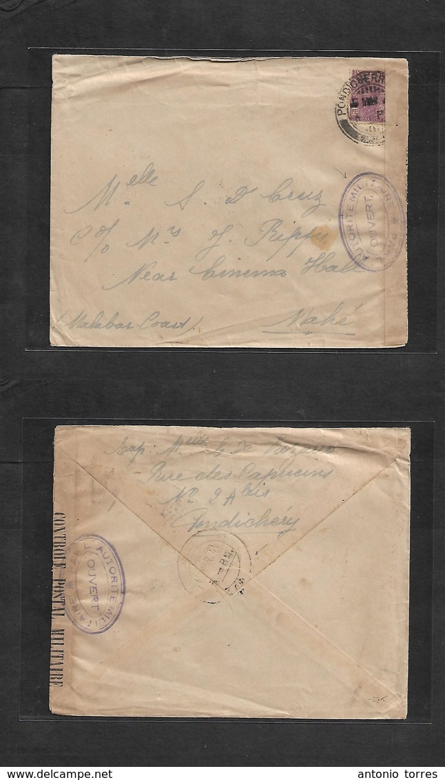 Frc - India. 1941 (6 March) British PO. Pondichery - Mahe (17 March) Fkd + Censored Envelope. Very Rare WWII Postal Comb - Other & Unclassified