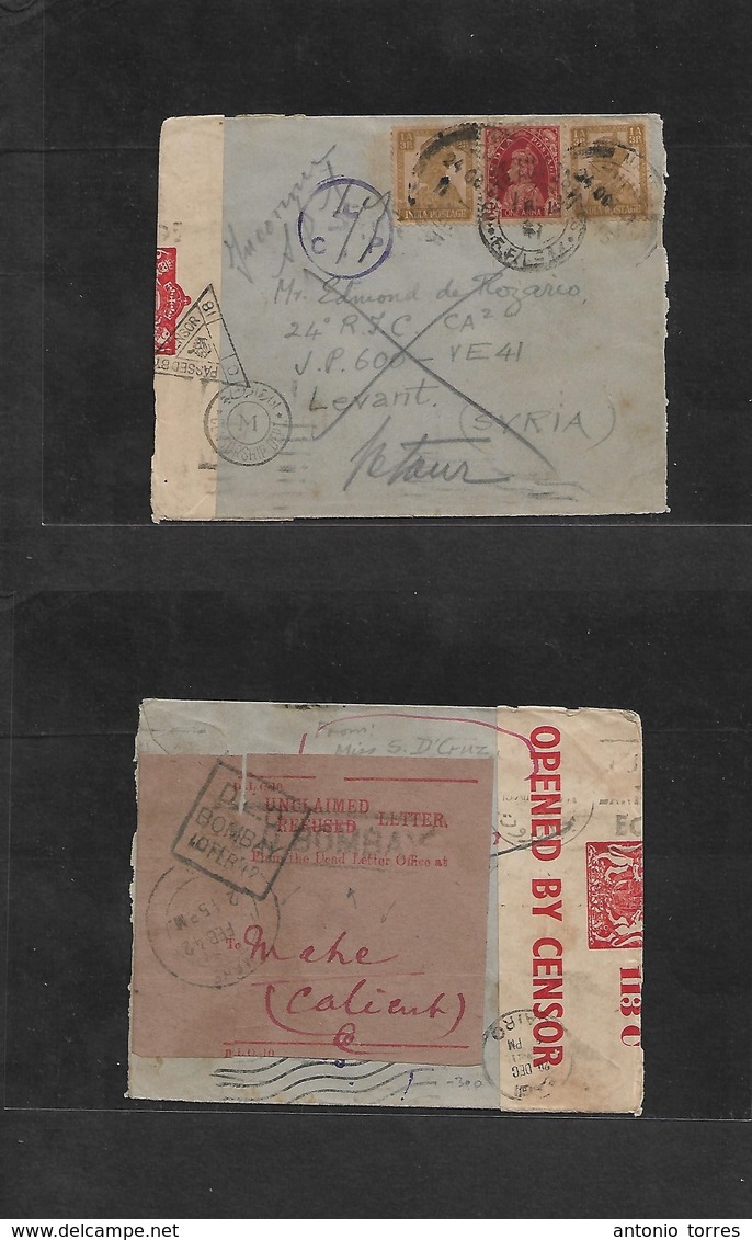 Frc - India. 1941 (24 Oct) WWII. Mahe - Syria, Levant. Military Fkd British India Multicensored Envelope + RETOUR DLO Ma - Autres & Non Classés