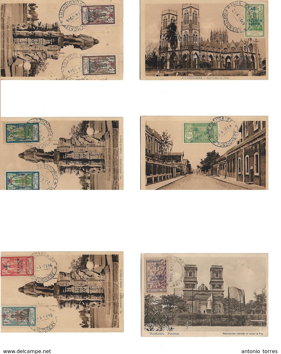 Frc - India. 1944-6 (21 April - 20 June) Pondichery France Libre. Selection Of 6 Diff Postcards With Diff Ovptd Stamps.  - Other & Unclassified