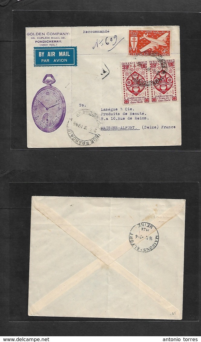 Frc - India. 1946 (26 March) Pondichery - France, Maisons - Alfot (16 April) Registered Watch Illustrated Airmail Multif - Autres & Non Classés