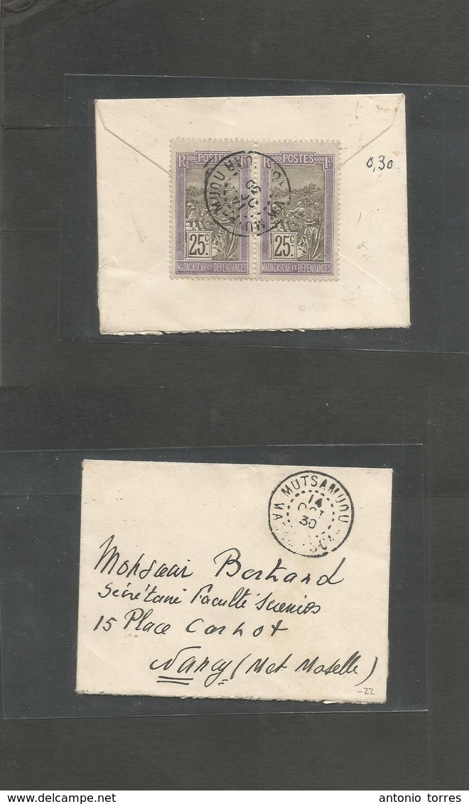 Frc - Madagascar. 1930 (14 Oct) Mutsamuou - France, Nancy. Reverse Fkd Small Envelope. Nice Village Usage. - Autres & Non Classés