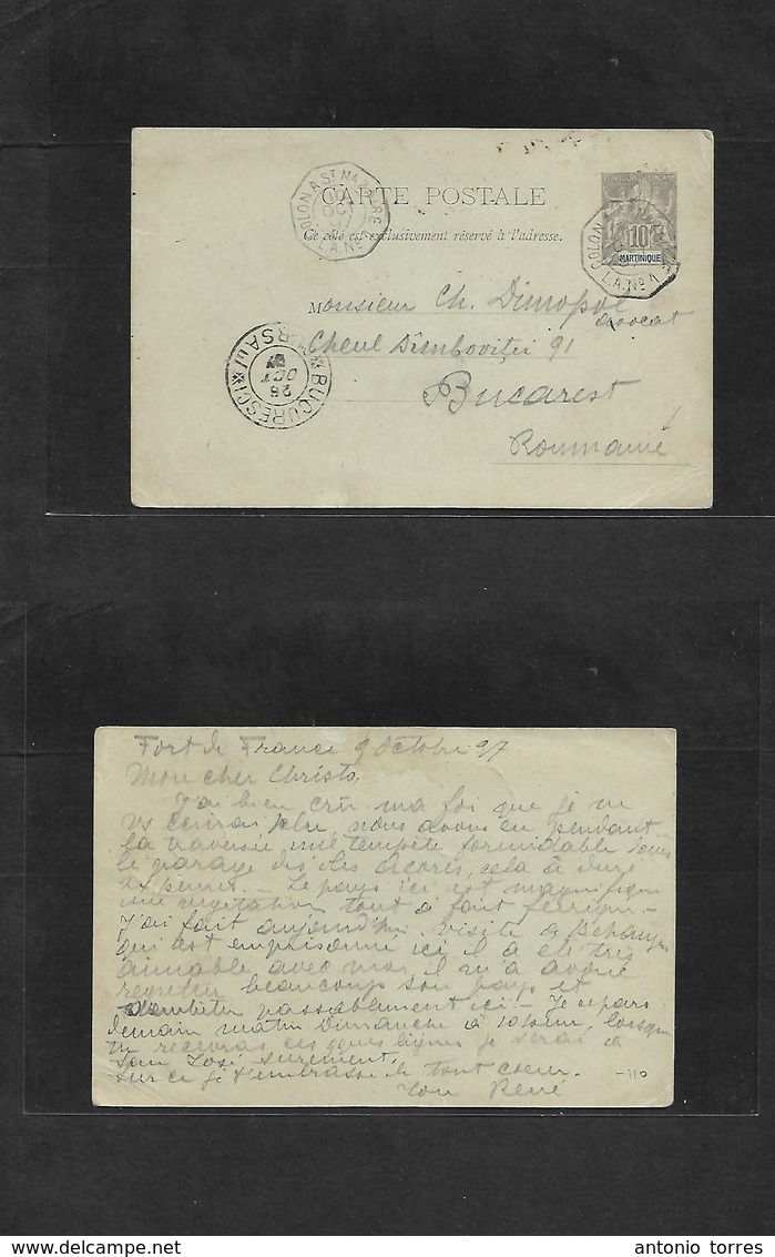 Frc - Martinique. 1897 (9 Oct) Fort De France - Romania, Bucarest (28 Oct) 10c Grey Stat Card, Cancelled Octagonal Colon - Autres & Non Classés