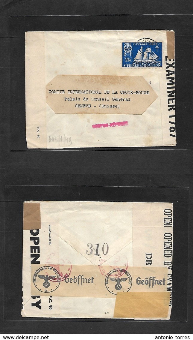 Frc - St. Pierre Miquelon. 1943 (11 June) GPO - Switzerland, Geneve. Red Cross Mail, British + Nazi Censored Single 2fr  - Other & Unclassified