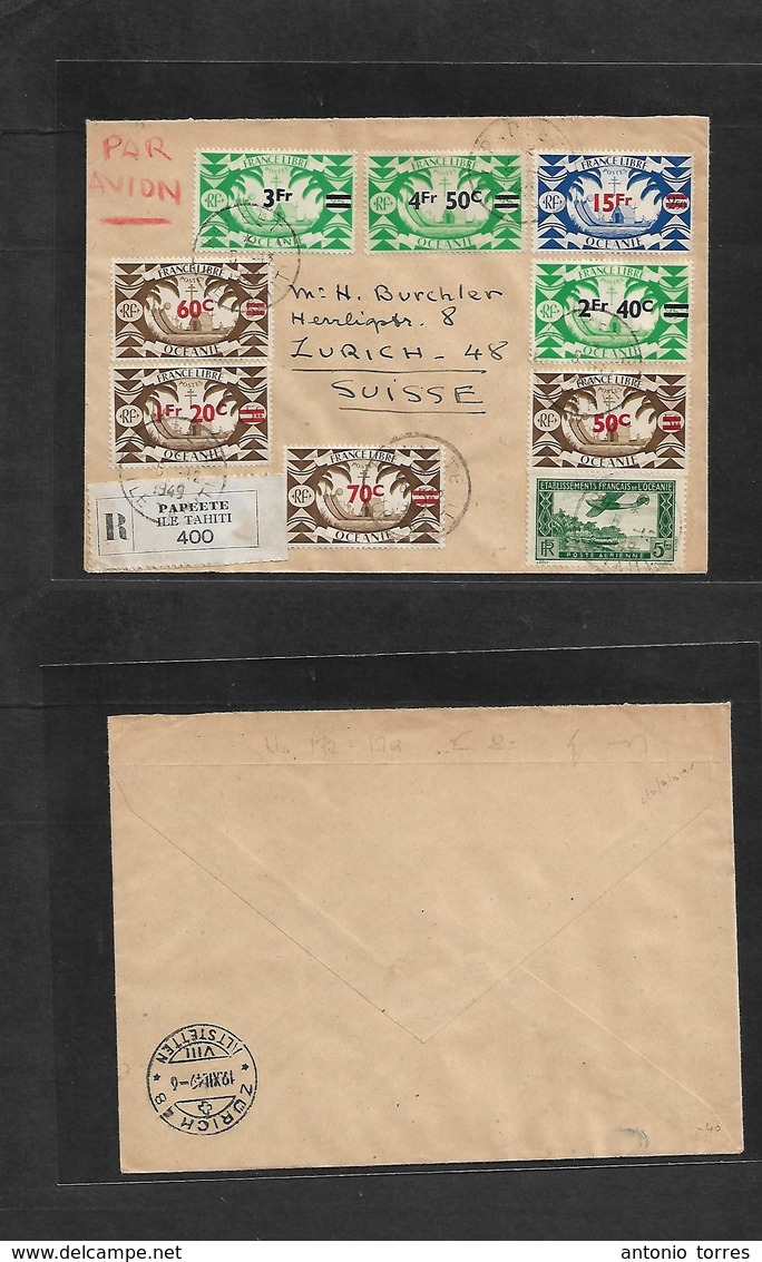 Frc - Tahiti. 1949 (5 Dec) FRANCE LIBRE. Papeete - Switzerland, Zurich (12 Dec) Registered Air Multifkd Enveloppe / Ovpt - Autres & Non Classés