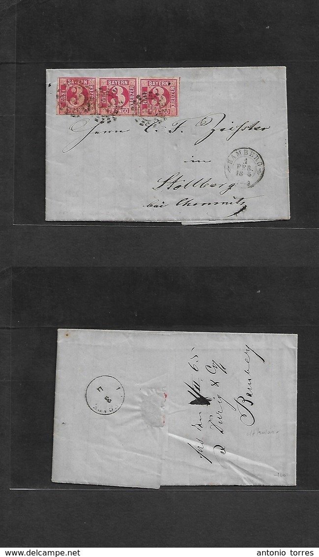 German States-Bayern. 1865 (1 Feb) Bamberg - Stolberg (3 Feb) EL Full Text Fkd. 3k Red Hong Strip Of Three, Tied "32" Ca - Autres & Non Classés