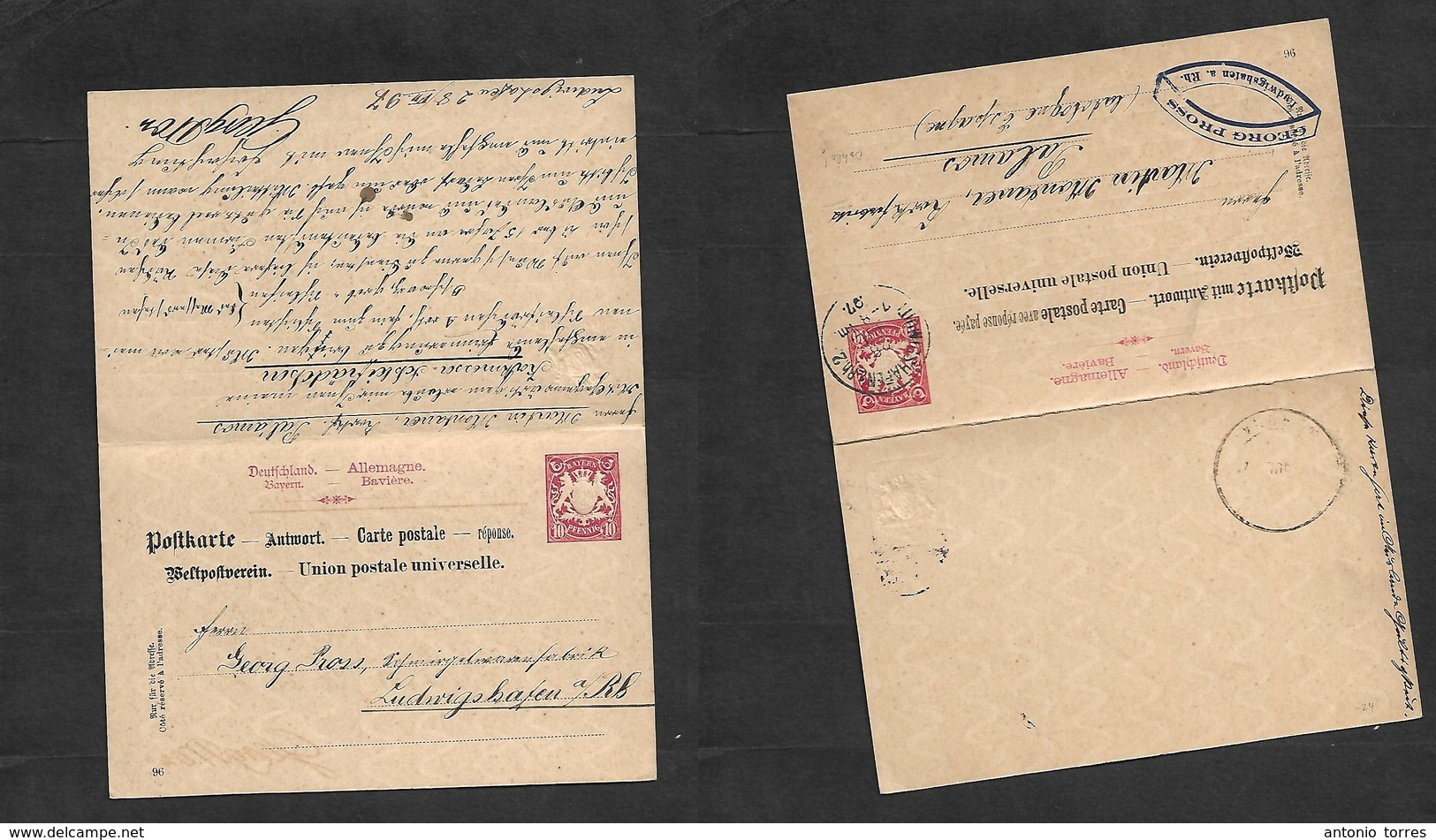 German States-Bayern. 1897 (28 July) Ludwigshafen - Spain, Palamos, Gerona. 10pf Red Embossed Doble Stationary Card, Use - Other & Unclassified