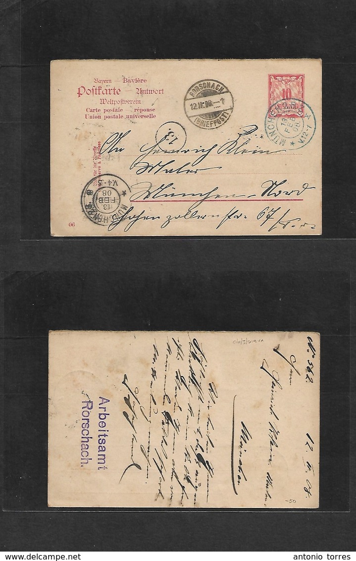 German States-Bayern. 1908 (12 Feb) 10 Pf Red REPLY HALF Stat Card Proper Usage. Switzerland, Roheschach - Munich (13 Fe - Other & Unclassified