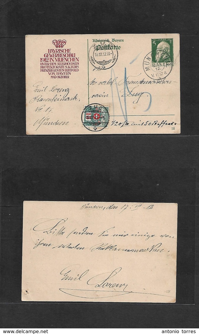 German States-Bayern. 1912 (17 March) Munich - Zug, Switzerland (18 March) Gewerbeschau Comm. 5pf Green Stat Card + Taxe - Autres & Non Classés
