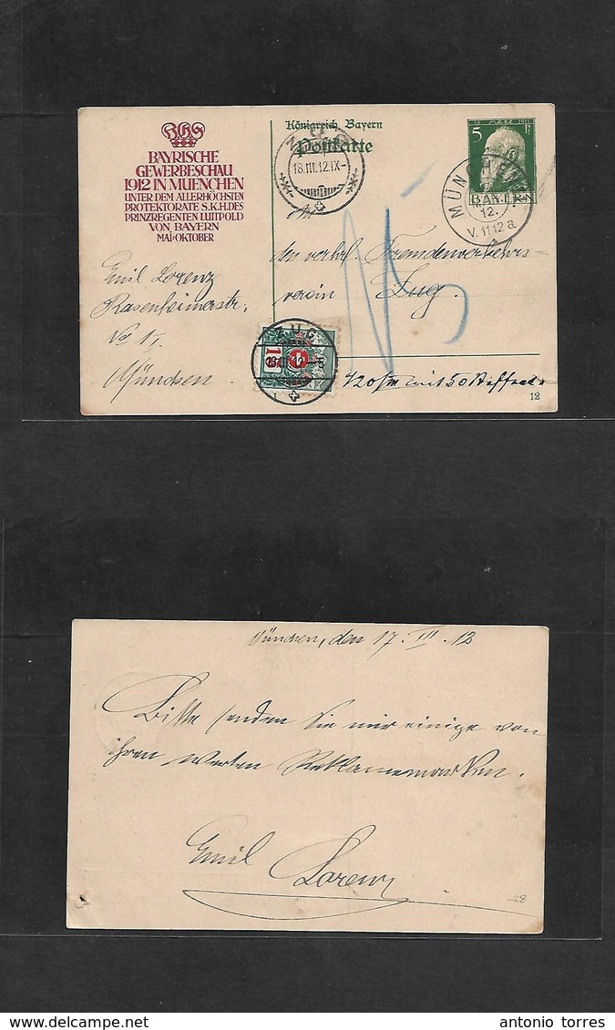 German States-Bayern. 1912 (17 March) Munich - Zug, Switzerland (18 March) Gewerbeschau Comm. 5pf Green Stat Card + Taxe - Andere & Zonder Classificatie