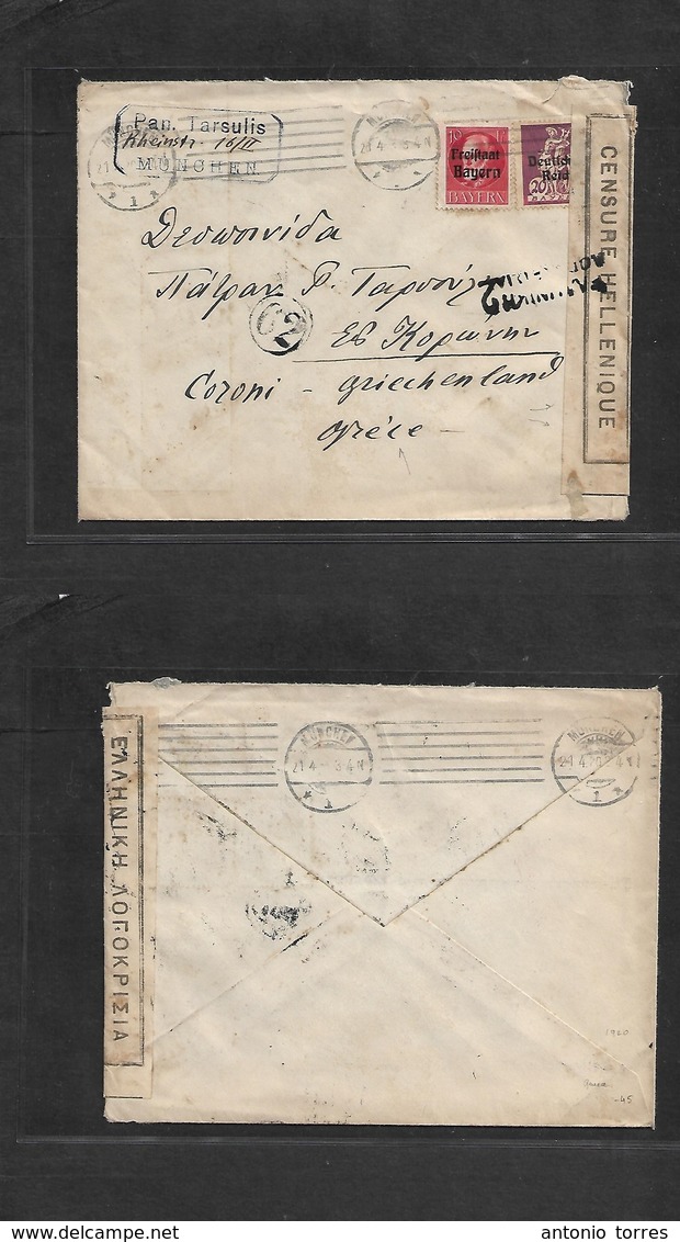 German States-Bayern. 1920 (21 April) Munich - Coroni, Greece. Fkd Env + Arrival Censor Label, Tied Cachet. Better Usage - Autres & Non Classés