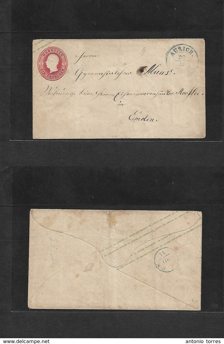 German States-Hanover. C. 1855 (20 Nov) Aurich - Emden (20 Nov) 1gr Red Stat Env Blue Cds + Arrival. - Other & Unclassified