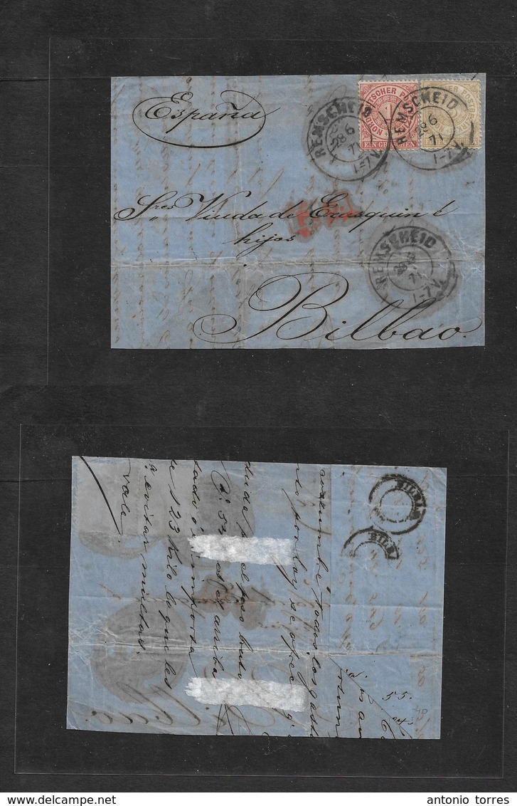 German States-N.G.Conf.. 1871 (28 June) Remscheid - Spain, Bilbao. Fkd Front At 6 Gr Rate / PO In Red. Opportunity Arriv - Other & Unclassified