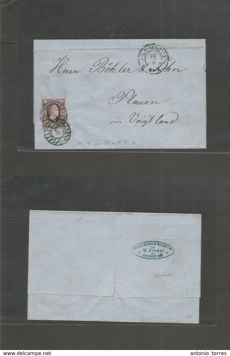 German States - Saxony. 1854 (22 Aug) Chemnitz - Planen (23 Aug) E Fkd 1gr Black / Rose Good To Large Margins, Tied "8"  - Autres & Non Classés