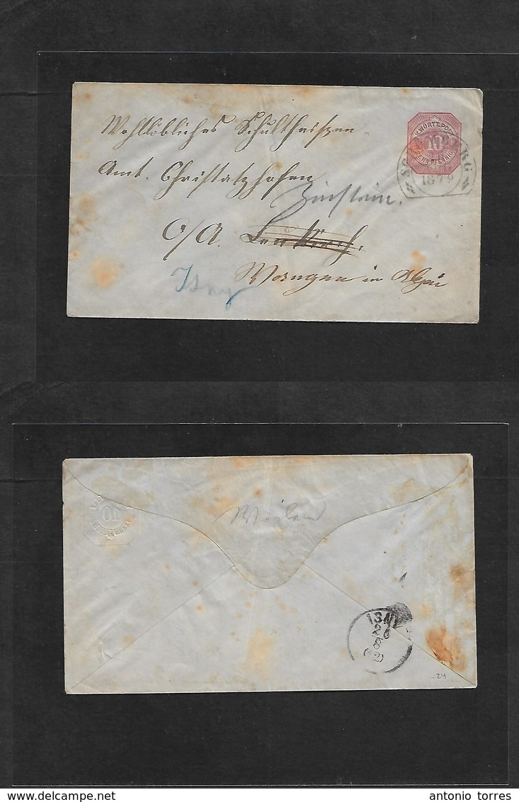 German States-Wurttemberg. 1879 (26 Aug) Schomberg - Lankirf (26 Aug) 10 Pf Red-rose / Bluish Stationary Envelope, Fwded - Andere & Zonder Classificatie