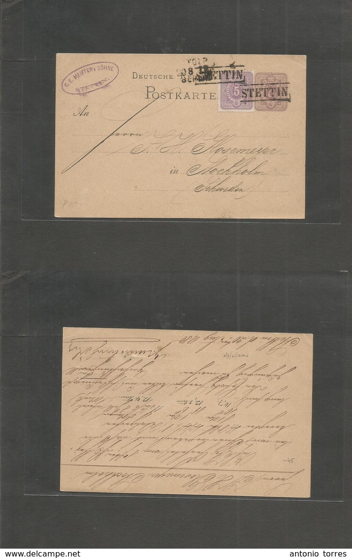 German Stationery. 1880 (20 Aug) Stettin - Sweden, Stockholm 5 Pl Lilac Stat Card + Adtl, Stline "STETTIN" (xxx) Town Na - Autres & Non Classés