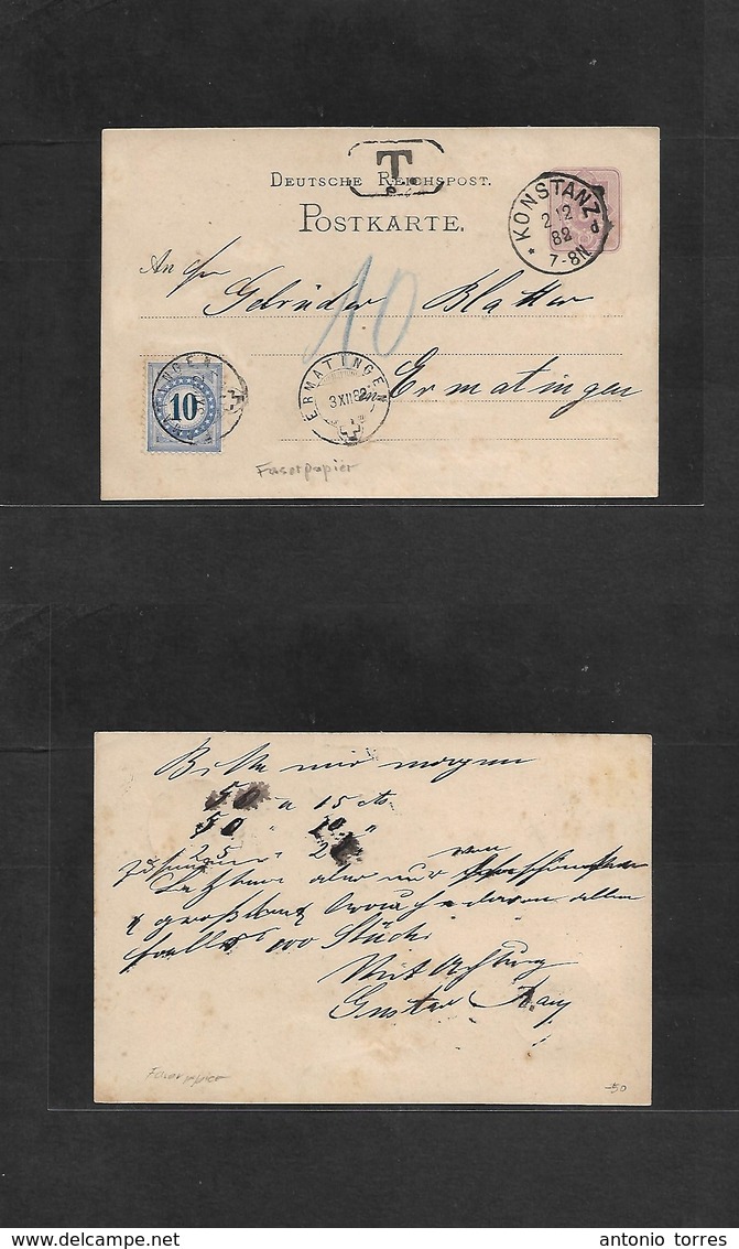 Germany - Stationery. 1882 (2 Dec) Konstanz - Switzerland, Ermatingen (3 Dec) 5pf Lilac Stat Card, Taxed+ Arrival Early  - Otros & Sin Clasificación