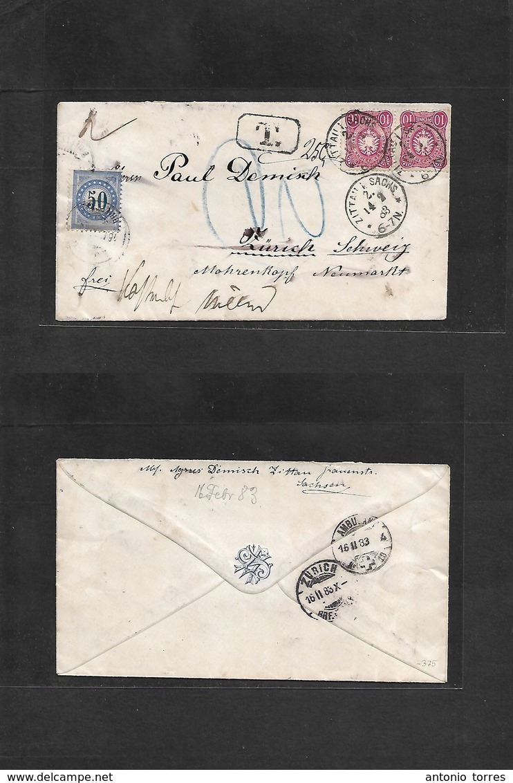 Germany. 1883 (14 Feb) Zitan 1 Sachs - Switzerland, Zurich (16 Feb) Multifkd Env + Taxed + Arrival Swiss Postage Due 50c - Otros & Sin Clasificación