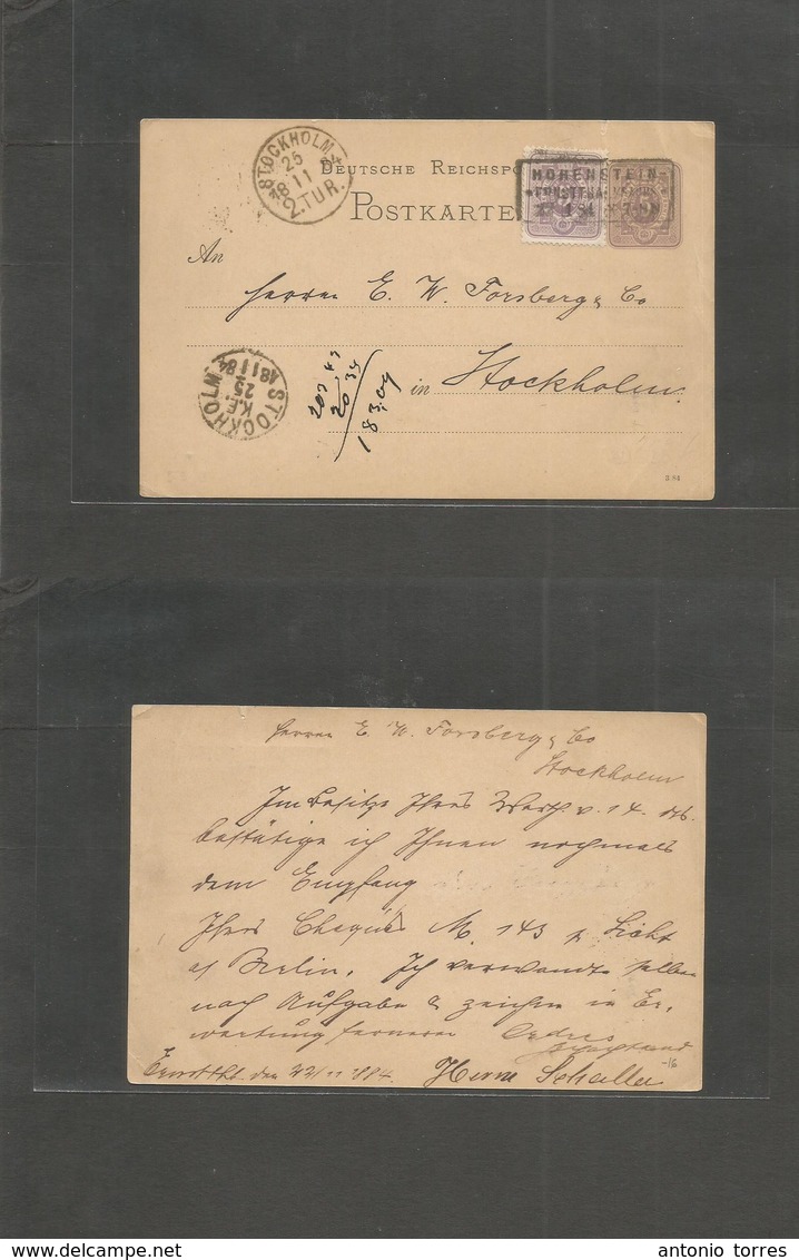 German Stationary. 1884 (22 Nov) Hohenstein - Sweden, Stockholm (25 Nov) 5 Pl Lilac Stat Card + Adtl, Box Ds. Fine. - Other & Unclassified