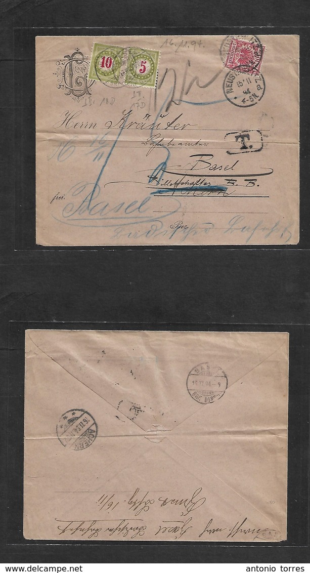 Germany. 1894 (15 Nov) Neustlitz - Basel, Switzerland (17 Nov) Fkd Comercial Envelope + Taxed + Arrival Swiss Postage Du - Autres & Non Classés
