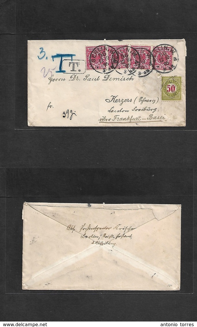 Germany. 1895 (12 Oct) Berlin - Switzerland, Kerzes (14 Oct) Multifkd Env + Taxed + Arrival 50 Swiss P. Due, Tied Cds (f - Andere & Zonder Classificatie