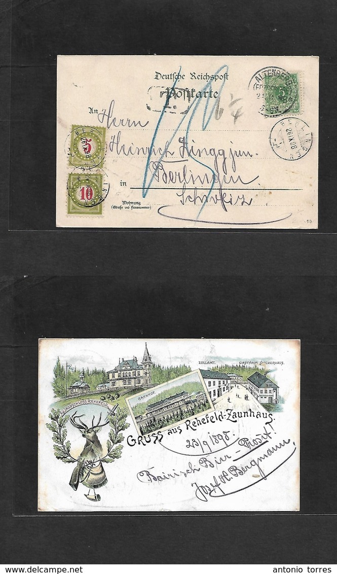 Germany. 1898 (24 Sept) Altenberg - Switzerland, Berlingen (26 Sept) Fkd 5 Pf Green Gruss Aus Colored Ppc, Taxed + Arriv - Other & Unclassified