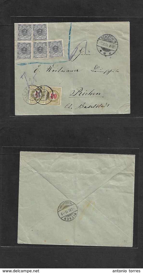 Germany - Xx. 1910 (7 Nov) Schopfheim - Switzerland, Riehen (7 Nov) Fkd Ungultig Stamps Envelope, Taxed + Arrival Swiss  - Autres & Non Classés