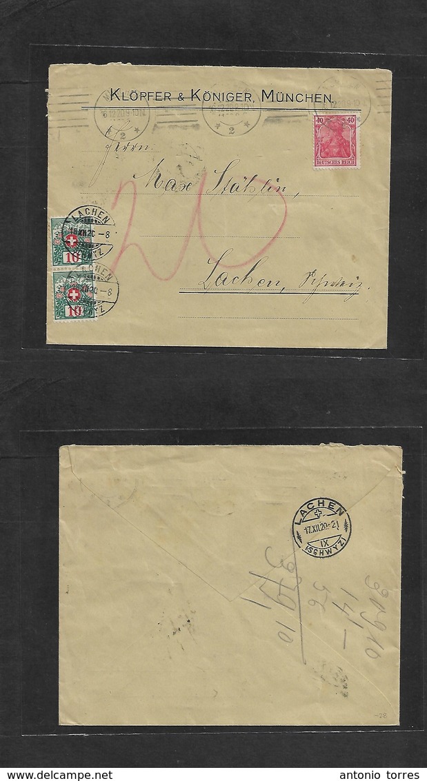 Germany - Xx. 1920 (16 Dec) Munich - Switzerland, Lachsen (18 Dec). Germania Fkd Comercial Envelope + Taxed + Arrival Sw - Autres & Non Classés