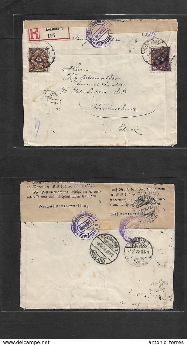 Germany 1921-4. 1922 (8 Dec) Konstanz - Switzerland, Wintertur (7 Dec) Registered Multifkd + Finanz Censored Envelope. F - Autres & Non Classés